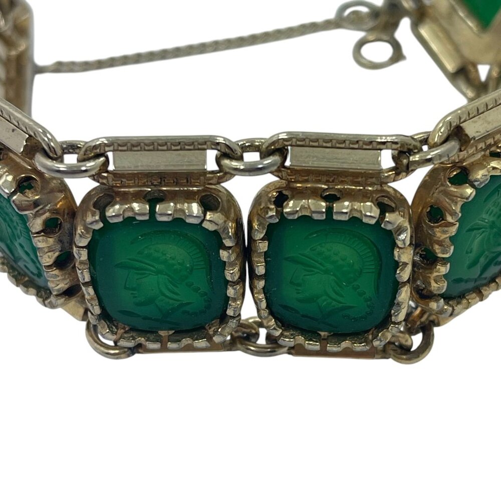 Vintage Italian Gold-Plated Green Intaglio Bracelet 6.5” 9 Glass Cameos - Picture 4 of 12